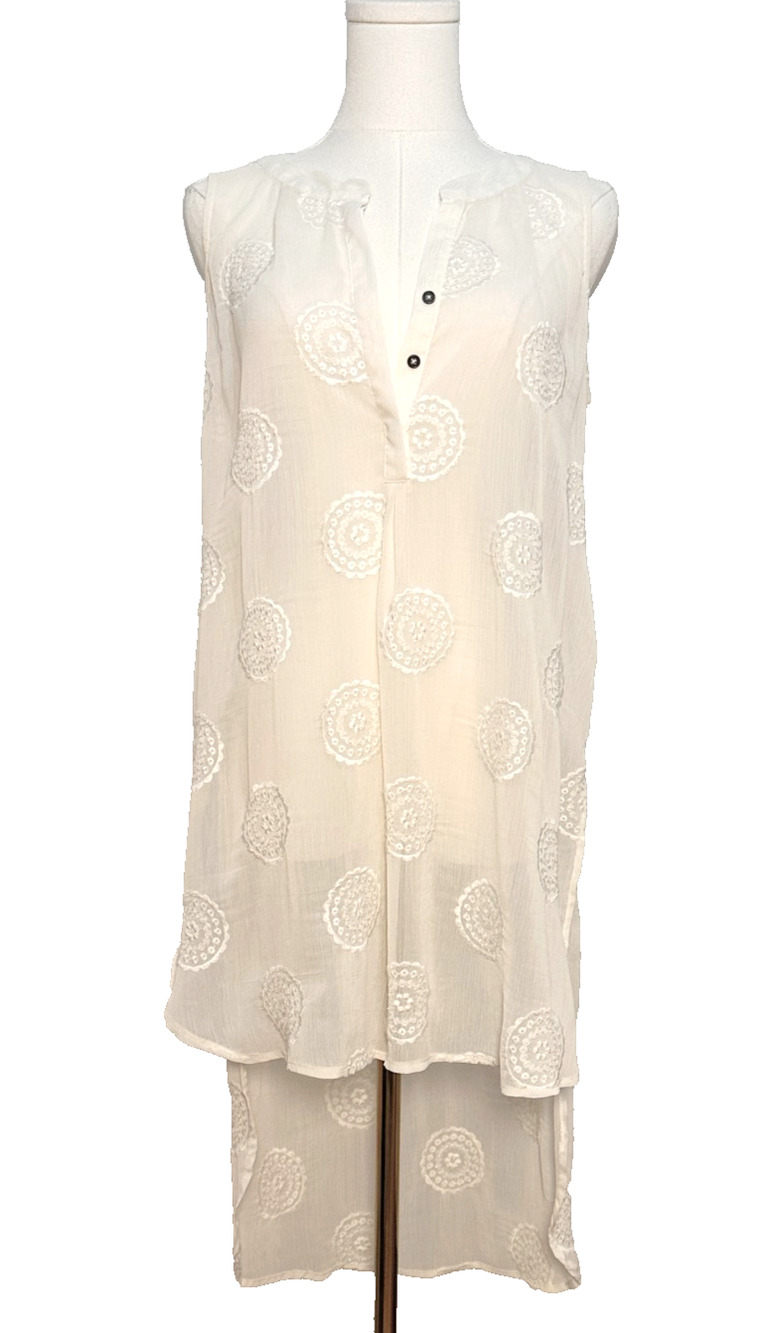Knox Rose Womens Sheer Embroidered V Neck High Low Sleeveless Tunic Cream Medium